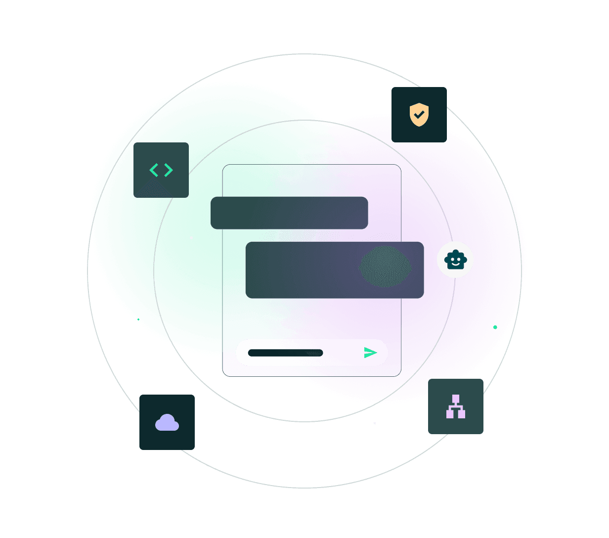 Gráfica con estética developer reflejando la integración fácil y rápida de los agentes virtuales.