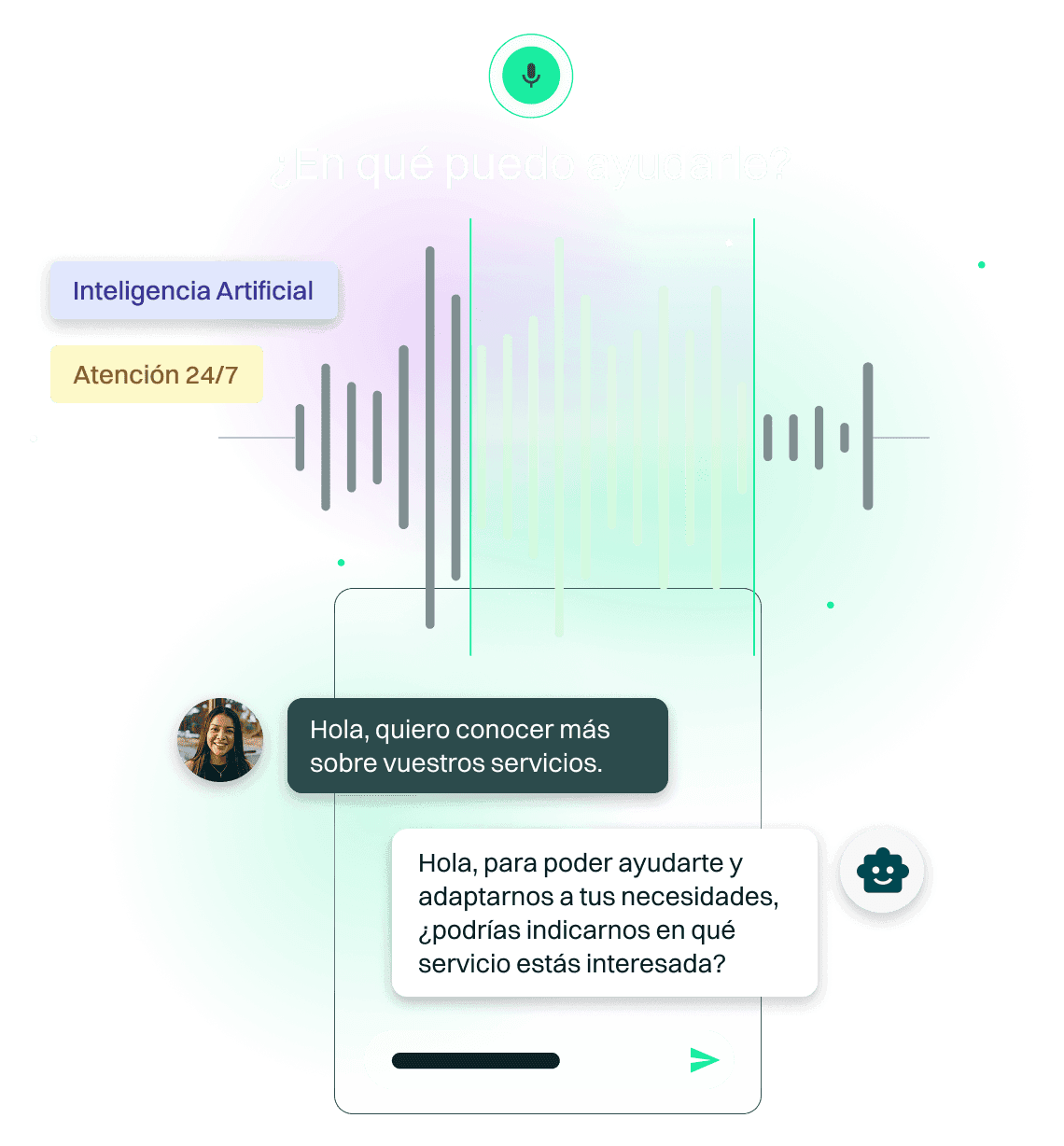 Ondas de voz con interfaz conversacional de agente virtual impulsado por inteligencia artificial, representando interacción humana fluida y atención 24/7.