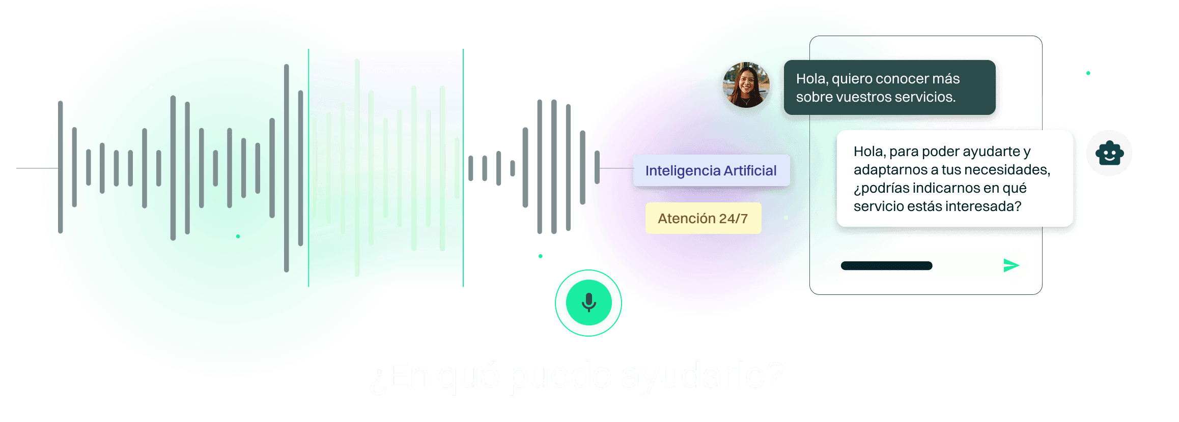 Ondas de voz con interfaz conversacional de agente virtual impulsado por inteligencia artificial, representando interacción humana fluida y atención 24/7.