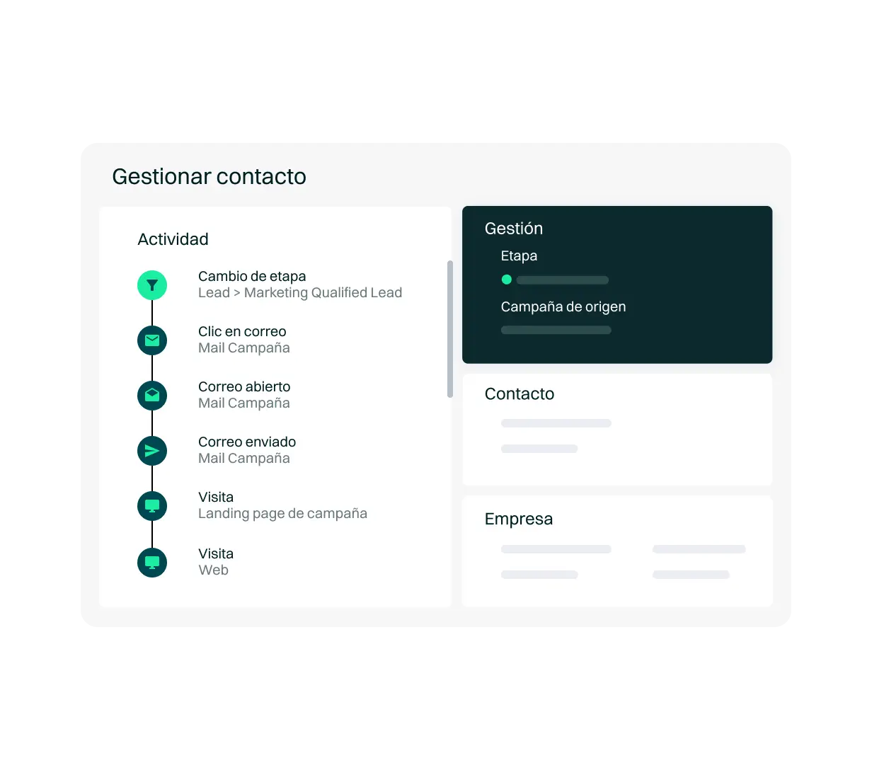 <p>Accede a toda la información de tus contactos de forma sencilla e integrada en una única plataforma para las áreas de marketing y ventas, optimizando la colaboración de estas. Este alineamiento, junto con un acceso a analítica y reportes consolidados, permite una mejora clara de las campañas de captación y del servicio al cliente, asegurando mejores resultados en las estrategias.</p>