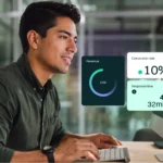 Professional analyzing revenue and conversion metrics on a digital dashboard to optimize a digital sales funnel and lead generation.